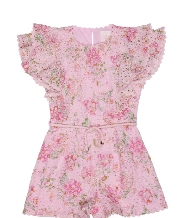 Pink floral romper on a white background